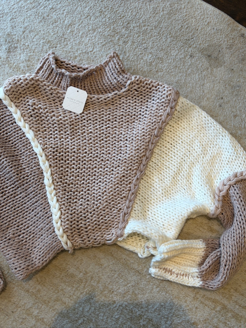 Altar'd State Cream and Light Mauve Colorblock Crew Sweater